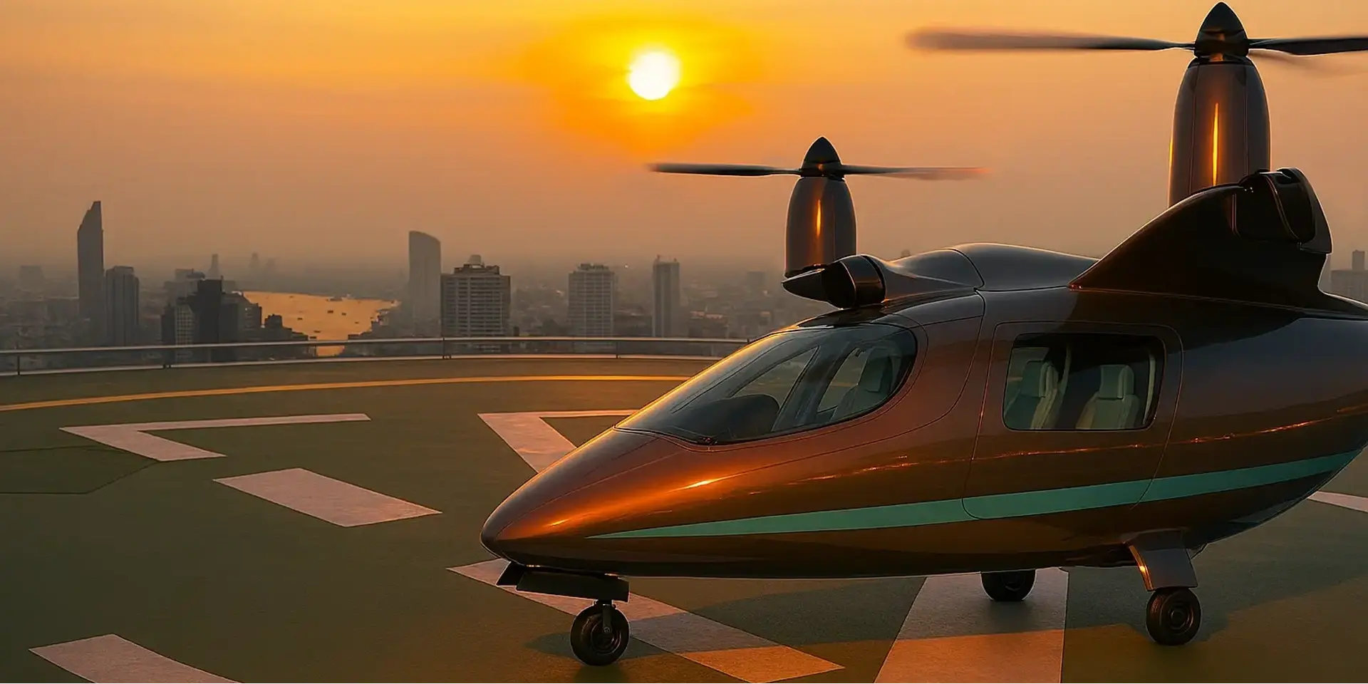 Stirling-Dynamics-eVTOL-AAM-sunset-city-view